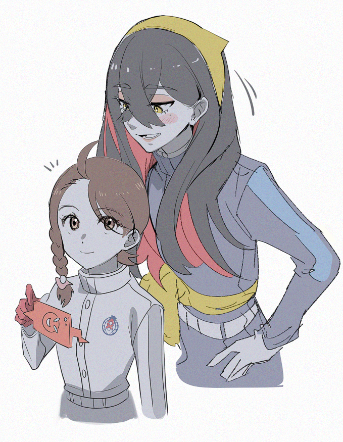 2girls ahoge black_hair blue_jacket braid brown_eyes brown_hair carmine_(pokemon) closed_mouth colored_inner_hair creatures_(company) crossed_bangs fanny_pack game_freak gen_4_pokemon gloves hair_between_eyes hairband hyaku_ae_mon jacket juliana_(pokemon) long_hair looking_at_another lower_teeth_only mole mole_under_eye multicolored_hair multiple_girls nintendo open_mouth pokemon pokemon_sv red_gloves red_hair rotom rotom_phone single_braid single_glove smile teeth two-tone_hair yellow_eyes yellow_hairband