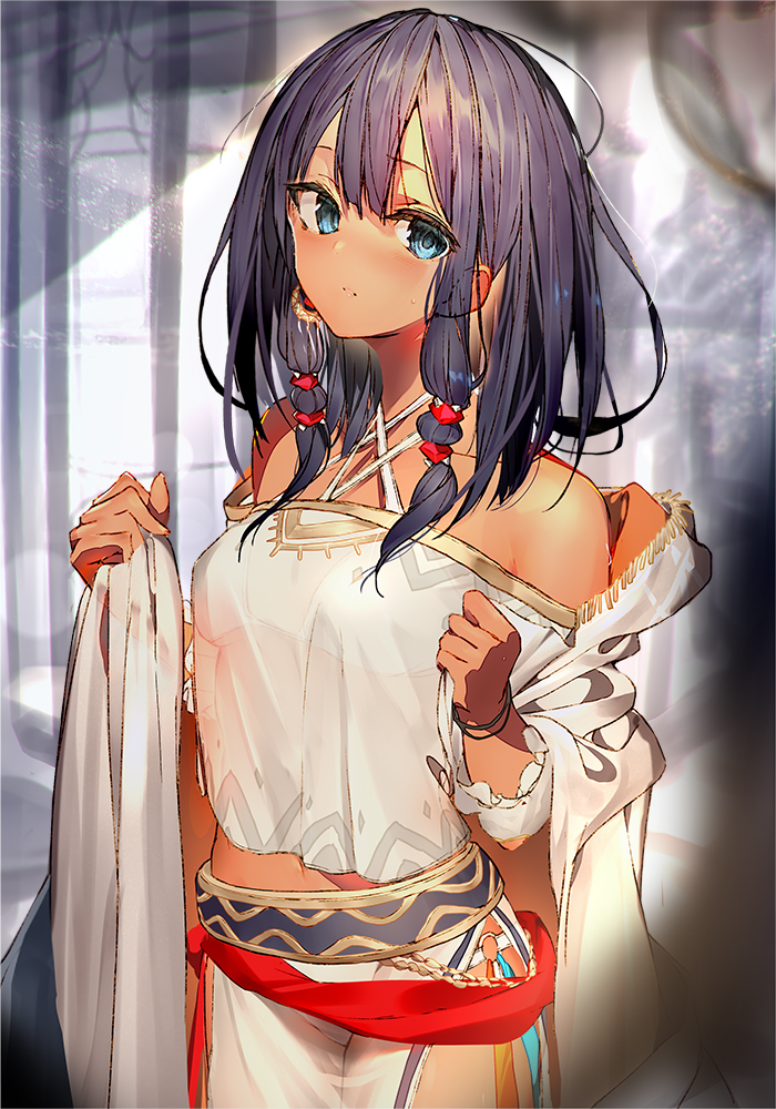 1girl bare_shoulders bikini bikini_under_clothes black_hair blue_eyes blush bracelet breasts cover_image cowboy_shot criss-cross_halter dark-skinned_female dark_skin enj! halterneck jewelry long_hair looking_at_viewer navel novel_illustration off_shoulder official_art parted_lips ryuu_to_sairei second-party_source see-through_clothes sidelocks small_breasts solo sweat swimsuit textless_version white_bikini yuui_(ryuu_to_sairei)