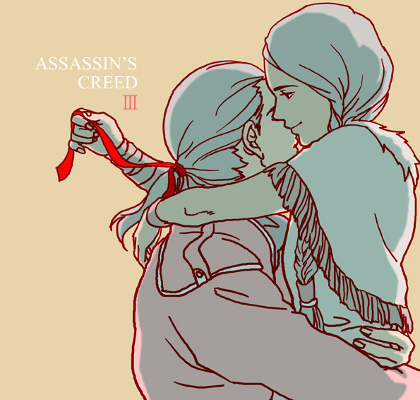 1boy 1girl 3459ym assassin&#039;s_creed_(series) assassin&#039;s_creed_iii copyright_name couple grey_hair hair_ribbon haytham_kenway hetero kaniehti:io ribbon