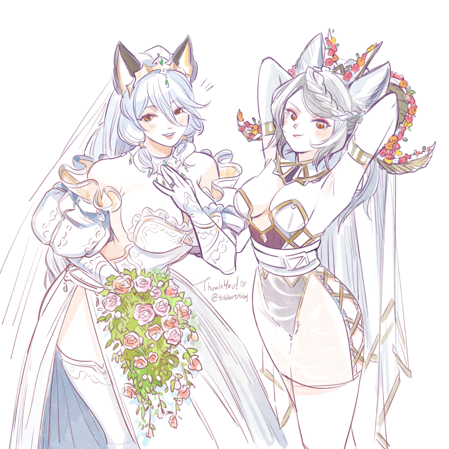 2girls animal_ears breasts cat_ears cleavage colored_skin dress fraux granblue_fantasy heles multiple_girls tribute_(tributism) wedding_dress white_skin