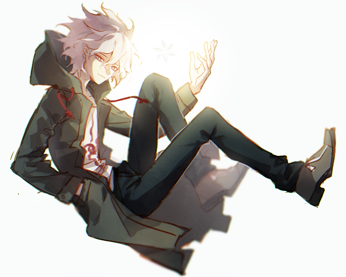 1boy backlighting black_pants closed_mouth coat commentary_request danganronpa_(series) danganronpa_2:_goodbye_despair from_side full_body green_coat grey_background grey_hair hair_between_eyes hand_in_pocket hand_up hood hood_down hoodie io_(sinking=carousel) knee_up komaeda_nagito long_sleeves looking_at_viewer male_focus pants red_eyes shirt shoes simple_background smile solo white_background white_shirt