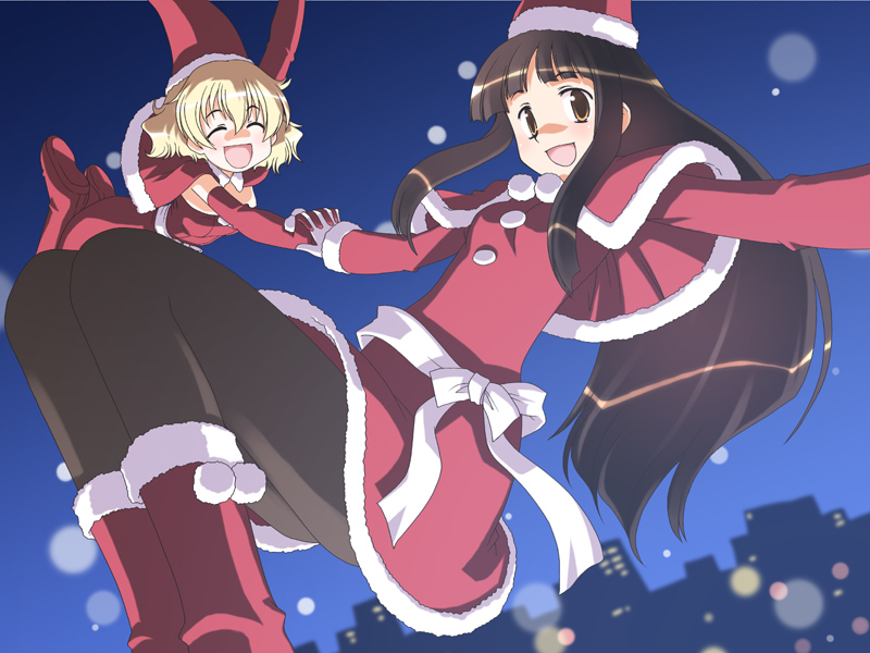 2girls brown_legwear christmas multiple_girls original osamada_meika pantyhose santa_costume