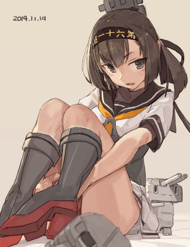 10s 1girl akizuki_(kancolle) black_hair boots brown_hair chou-10cm-hou-chan dated female_focus grey_footwear headband hugging_own_legs kantai_collection knees_up machinery ponytail school_uniform serafuku short_hair short_sleeves sitting skirt solo toro_(konirio)