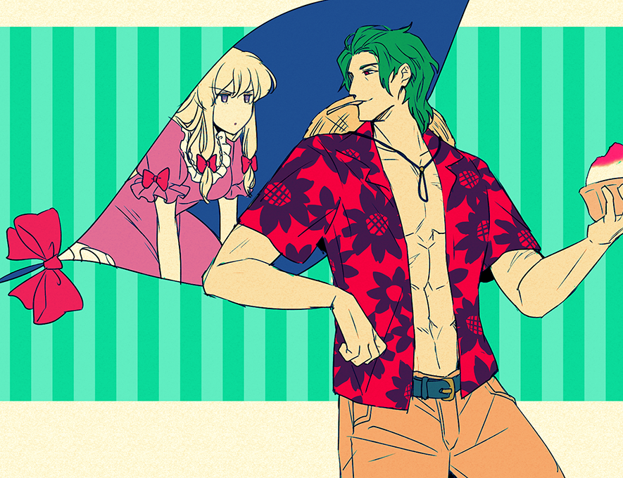 1boy 1girl abs bad_id bad_tumblr_id belt blonde_hair bow chikage_(kinokodou) food gap_(touhou) genderswap genderswap_(ftm) green_hair hair_bow kazami_yuuka open_clothes open_shirt purple_eyes red_eyes shaved_ice shirt smile spoon touhou utensil_in_mouth yakumo_yukari