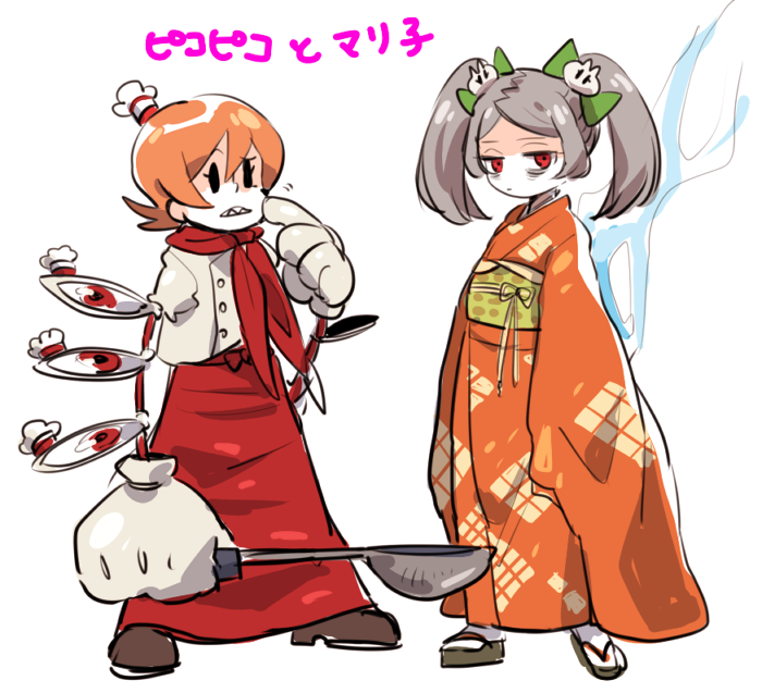 2girls alternate_costume bloody_marie_(skullgirls) bow chef_hat cosplay cyborg danganronpa_(series) danganronpa_2:_goodbye_despair ekubo_(ciaobero) energy fire full_body gloves grey_hair hair_bow hanamura_teruteru hanamura_teruteru_(cosplay) hat japanese_clothes japanese_text kimono knife multiple_girls orange_hair peacock_(skullgirls) red_eyes saionji_hiyoko saionji_hiyoko_(cosplay) sandals short_hair skullgirls standing strainer twintails white_background