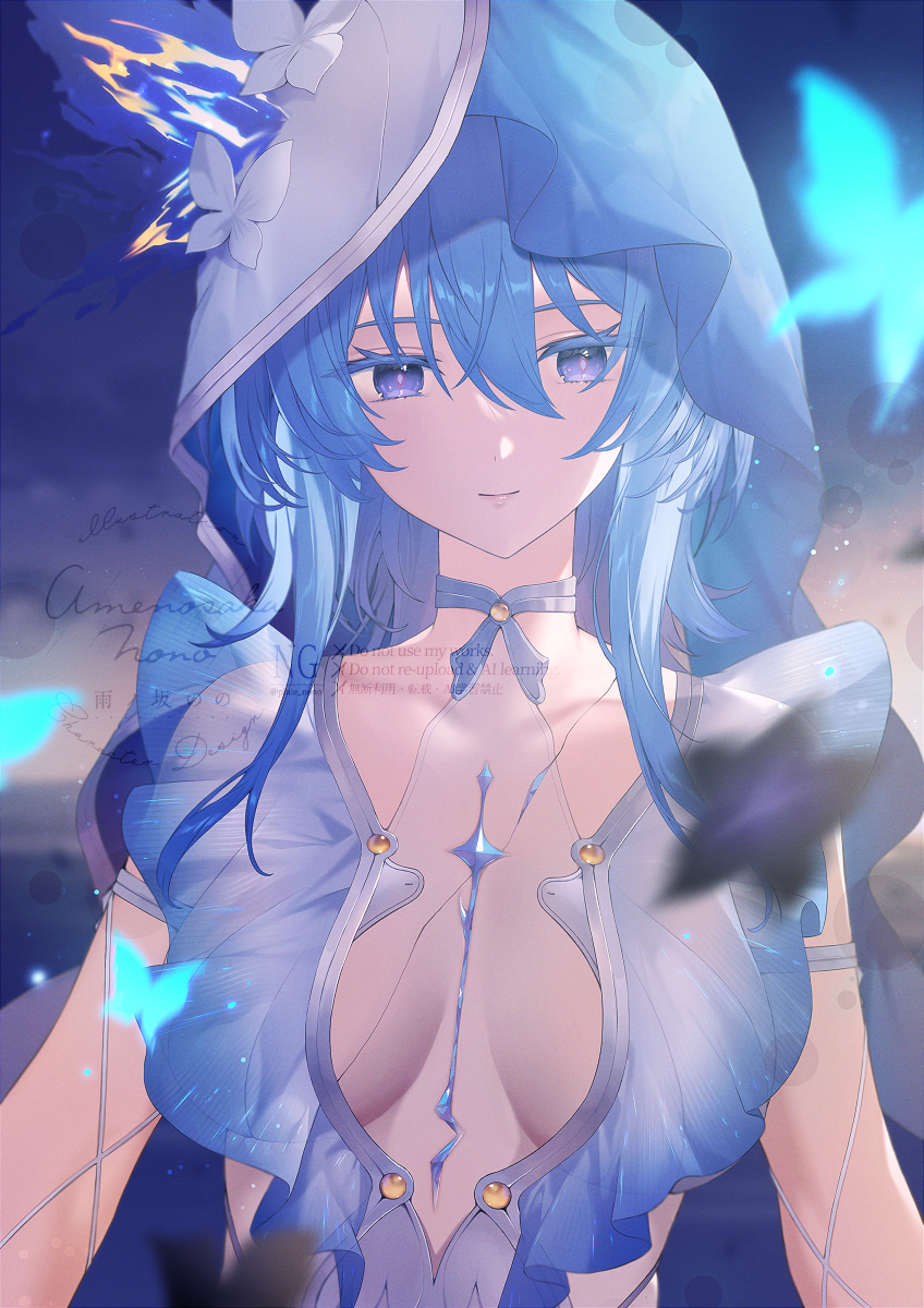 1girl amenosaka_nono armlet blue_butterfly blue_dress blue_hair blue_veil breasts bug butterfly closed_mouth collarbone colored_eyelashes commentary dress highres insect jewelry light_smile long_hair looking_at_viewer medium_breasts purple_eyes shorekeeper_(wuthering_waves) sleeveless sleeveless_dress solo symbol-only_commentary two-tone_veil veil white_veil wuthering_waves