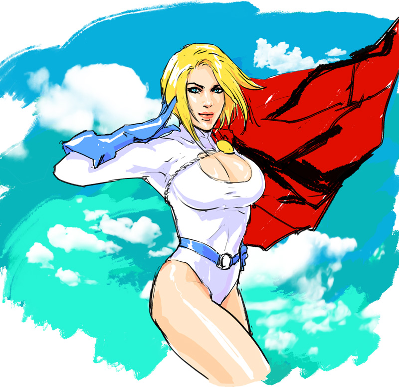 1girl belt blonde_hair breasts cape cleavage cleavage_cutout clothing_cutout dc_comics female_focus flying gloves kryptonian leotard power_girl red_cape sky solo