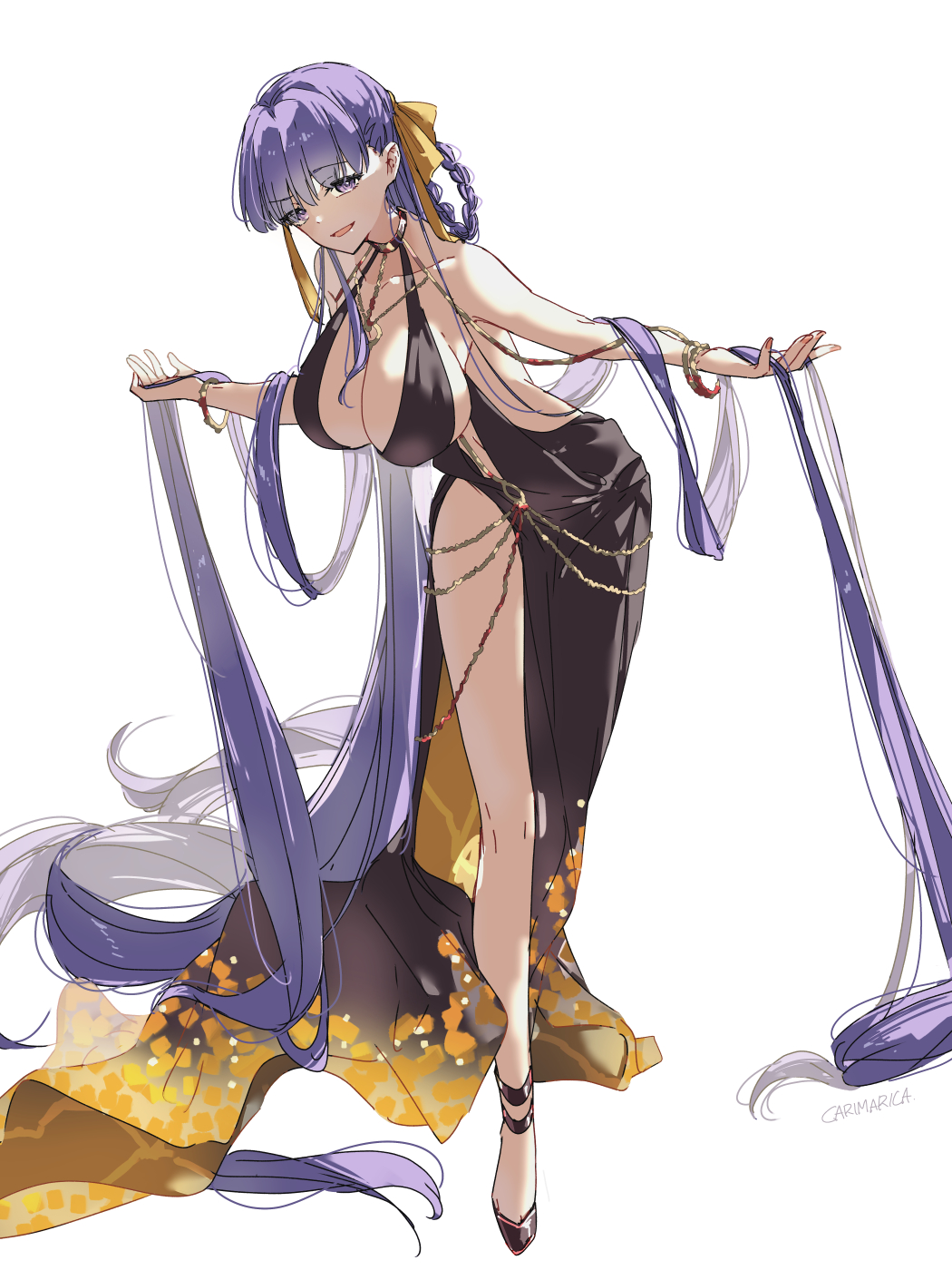 1girl bare_shoulders bb_(fate) bb_dubai_(fate) belly_chain black_dress braid braided_hair_rings breasts carimarica center_opening chain cleavage dress fate/grand_order fate_(series) full_body gold_chain gold_dress hair_ribbon hair_rings high_heels highres jewelry large_breasts leaning_forward long_hair looking_at_viewer necklace open_mouth purple_eyes purple_hair ribbon side_slit smile solo twin_braids very_long_hair yellow_ribbon