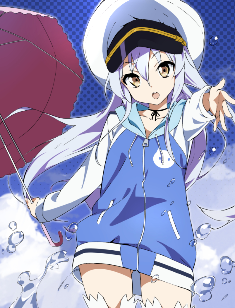 1girl blue_hair blue_sky brown_eyes cloud gluteal_fold hat island_(game) long_hair long_hoodie ohara_rinne open_mouth peaked_cap reaching reaching_towards_viewer sky smile solo takakura umbrella water white_hat