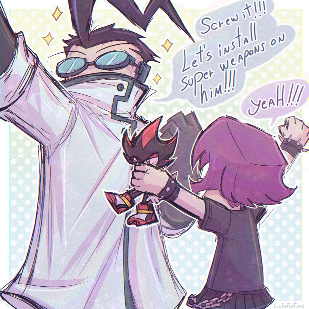 1girl 2boys black_shirt collar crossover english_text gazlene_membrane goggles goggles_on_head invader_zim jhonen_vasquez_(style) lab_coat linterteatime multiple_boys professor_membrane purple_hair shadow_the_hedgehog shirt short_hair short_sleeves skirt sonic_(series) speech_bubble spiked_collar spikes toy