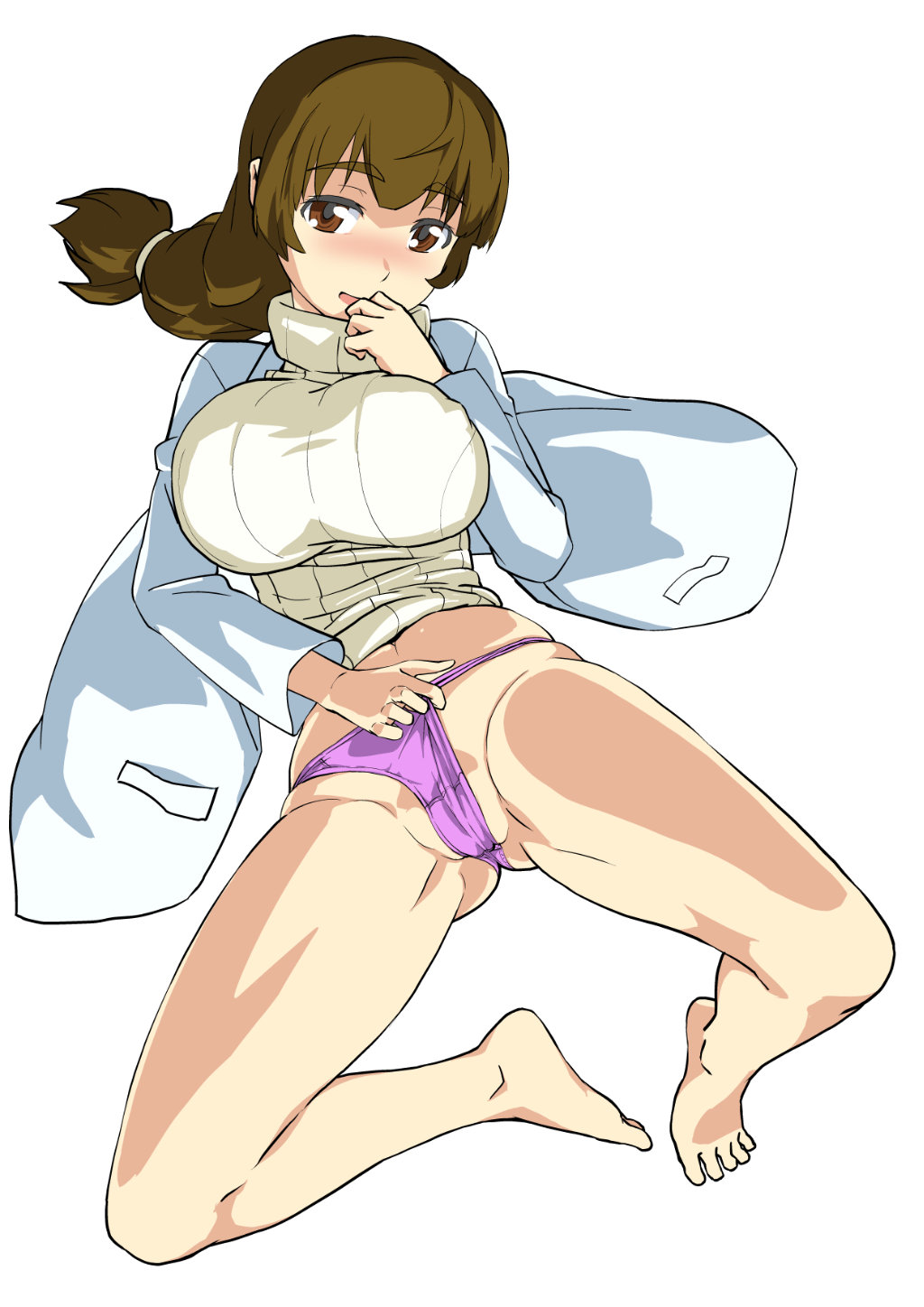 1girl barefoot blush breasts brown_eyes brown_hair feet hair_ornament hair_scrunchie highres lab_coat large_breasts looking_at_viewer lying mahouka_koukou_no_rettousei on_back ono_haruka panties pink_panties scrunchie simple_background solo sweater teasing toes turtleneck turtleneck_sweater underwear white_background white_scrunchie wxp