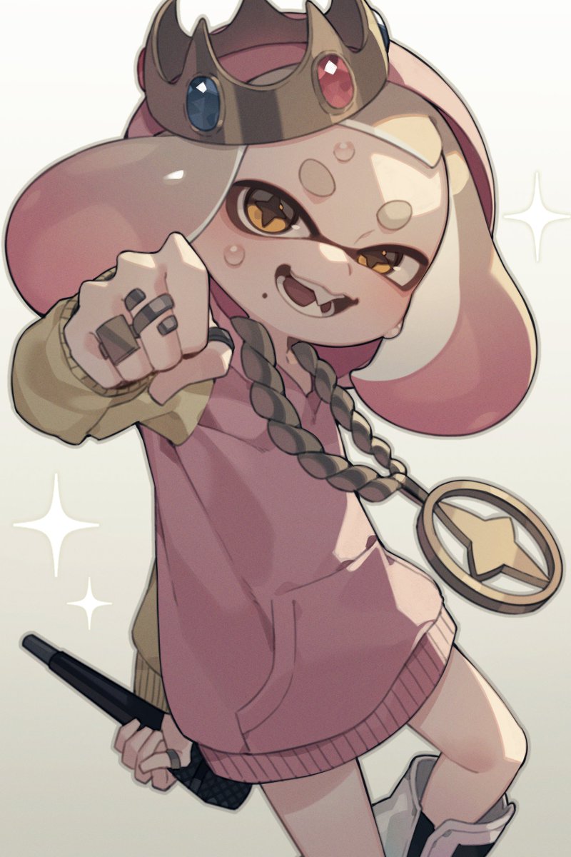 1girl alternate_costume cephalopod_eyes crown highres hood hoodie inkling jewelry long_sleeves microphone mole mole_under_mouth multicolored_hair necklace nintendo official_alternate_costume pearl_(splatoon) pink_hair prat_rat ring short_hair simple_background solo splatoon_(series) splatoon_2 splatoon_2:_octo_expansion star-shaped_pupils star_(symbol) symbol-shaped_pupils tentacle_hair white_background white_hair yellow_eyes