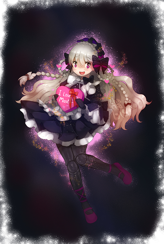 1girl black_gloves black_pantyhose black_ribbon blonde_hair braid doll_joints dress fate/grand_order fate_(series) frilled_dress frilled_sleeves frills gloves goth_fashion happy_valentine joints long_hair magenta_shoes nursery_rhyme_(fate) pantyhose ribbon thanabis valentine valentine_present