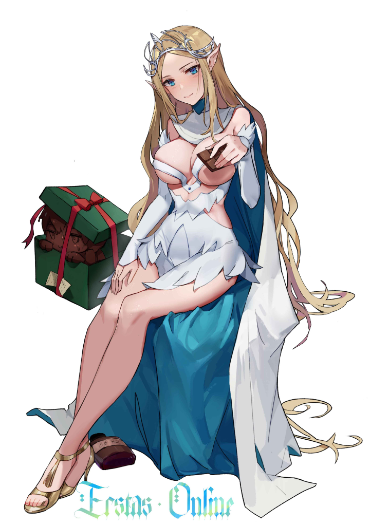 1girl blonde_hair blue_eyes breasts chocolate cloak duplicate ecstas_online elf high_heels image_sample large_breasts long_hair miniskirt pointy_ears skirt thighs ulriel