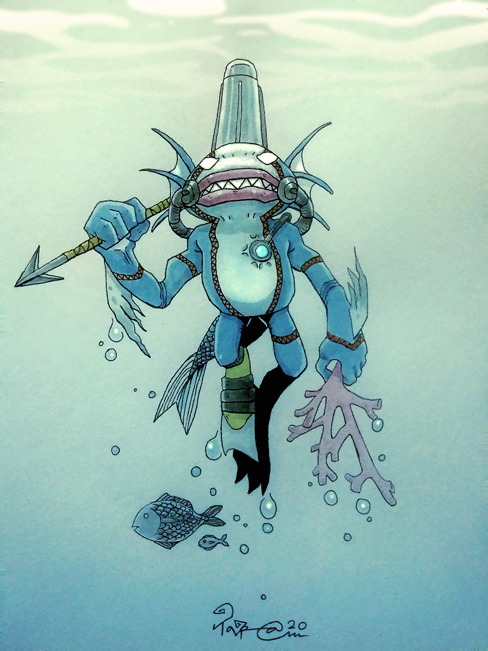 2020 air_bubble arm_fins blank_eyes blue_skin bubble clenched_teeth colored_skin coral digimon fins fish fish_boy flippers frown hand_up hangyomon harpoon head_fins highres holding holding_harpoon holding_polearm holding_weapon inktober monster_boy multicolored_skin ocean painting_(medium) pink_lips polearm pressure_gauge sharp_teeth swimming taragraphika teeth thick_lips traditional_media tube two-tone_skin underwater watercolor_(medium) weapon white_eyes white_skin