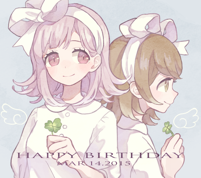 1boy 1girl alternate_costume angel_wings birthday_connection blue_background brown_hair buttons cartoon_wings closed_mouth clover collared_shirt danganronpa:_trigger_happy_havoc danganronpa_(series) danganronpa_2:_goodbye_despair dated detached_wings english_text eyelashes four-leaf_clover fujisaki_chihiro green_eyes hair_ribbon hairband happy_birthday holding holding_clover light_blush looking_at_viewer medium_hair mikuni_(open-ranka) mini_wings nanami_chiaki pink_eyes pink_hair puffy_short_sleeves puffy_sleeves ribbon shirt short_sleeves simple_background smile trap upper_body white_hairband white_ribbon white_shirt wings