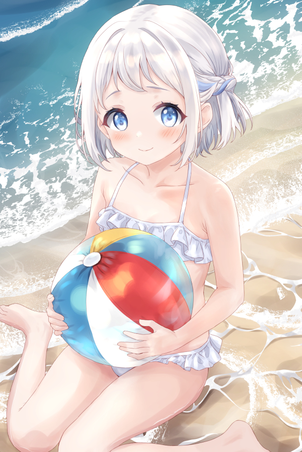 1girl alternate_costume ayamiyuki ball bare_arms bare_legs barefoot beach beachball bikini blue_eyes blue_ribbon blush collarbone flat_chest frilled_bikini frills gakuen_idolmaster grey_hair hair_ribbon half_up_braid holding holding_ball holding_beachball idolmaster katsuragi_lilja looking_at_viewer on_ground ribbon ribbon_braid shallow_water short_hair sitting smile solo swimsuit wariza water