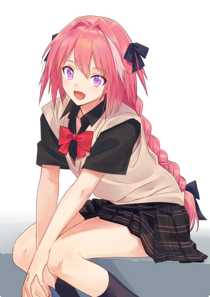 1boy alternate_costume astolfo_(fate) black_bow black_legwear black_shirt bow braid collared_shirt fang fate/apocrypha fate/grand_order fate_(series) hair_bow hair_intakes happy highres long_braid long_hair looking_at_viewer male_focus multicolored_hair open_mouth pink_hair purple_eyes school_uniform shirt short_sleeves simple_background single_braid sitting skirt smile solo streaked_hair trap urata_asao white_background