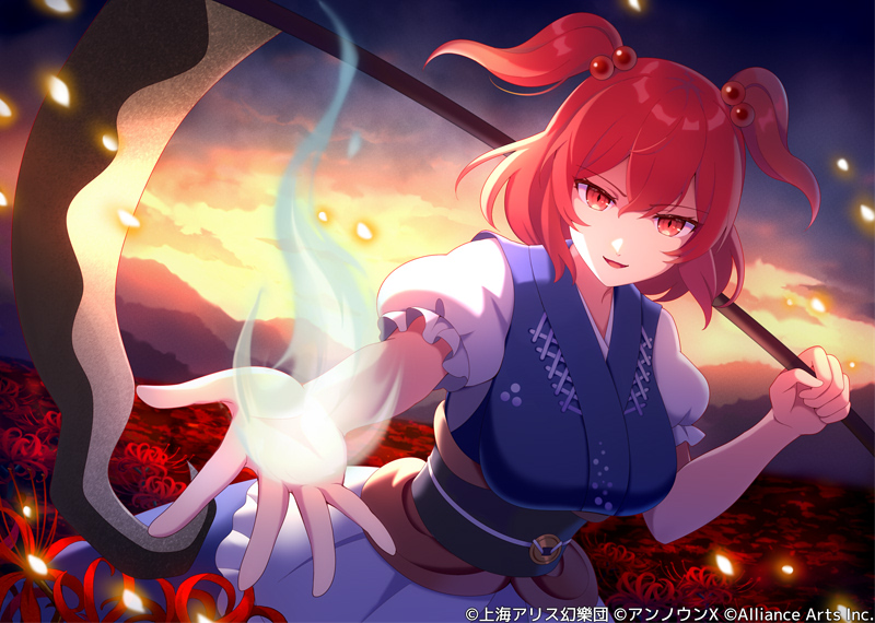 1girl 60mai black_sash blue_dress coin coin_on_string dress flower frilled_sleeves frills hair_between_eyes hair_bobbles hair_ornament holding holding_scythe obi onozuka_komachi open_mouth red_eyes red_flower red_hair sash scythe short_hair short_sleeves solo spider_lily touhou touhou_danmaku_kagura two_side_up