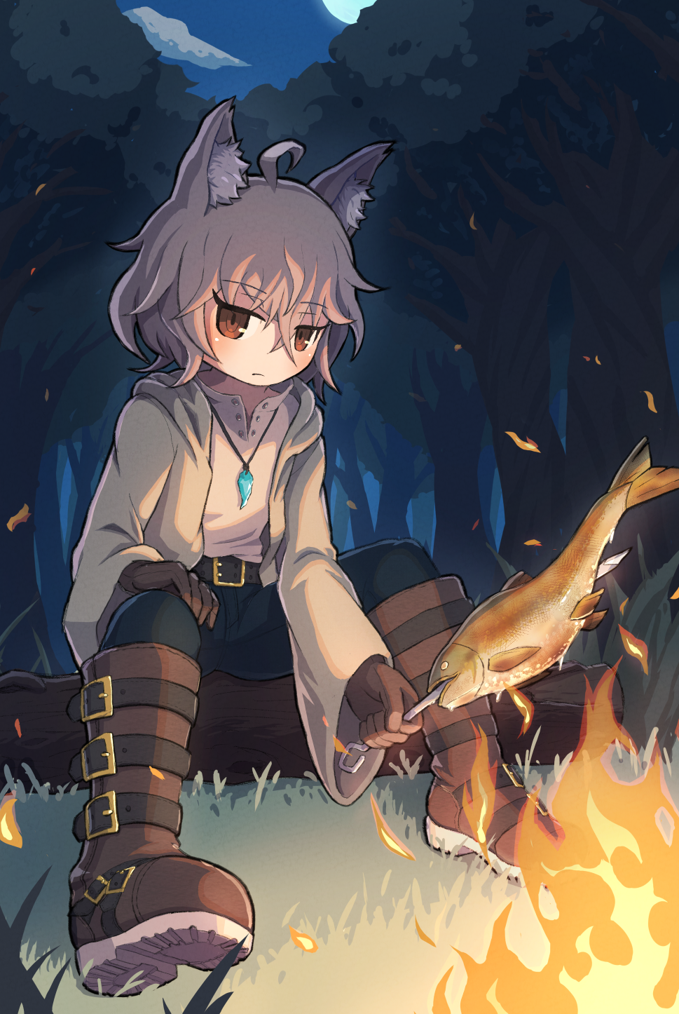 1other androgynous animal_ears belt belt_boots black_pants bonfire boots brown_eyes brown_footwear brown_hair coat cooking fish food full_body highres holding holding_skewer jewelry jitome log long_sleeves looking_at_viewer necklace open_clothes open_coat original pants roasting shikutsune_fox shirt short_hair sitting sitting_on_log skewer white_shirt wide_sleeves