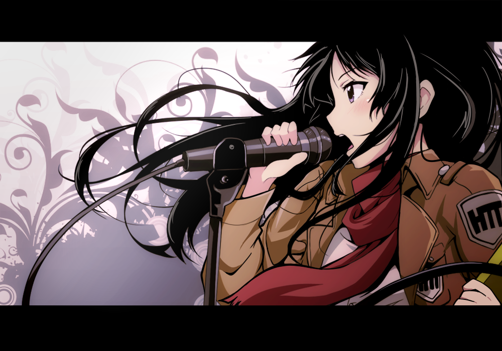 1girl akiyama_mio black_hair cable cosplay female_focus hikasa_youko jacket k-on! letterboxed long_hair microphone microphone_stand mikasa_ackerman mikasa_ackerman_(cosplay) music open_mouth profile purple_eyes revision scarf shingeki_no_kyojin singing solo tanashi_(mk2) voice_actor_connection