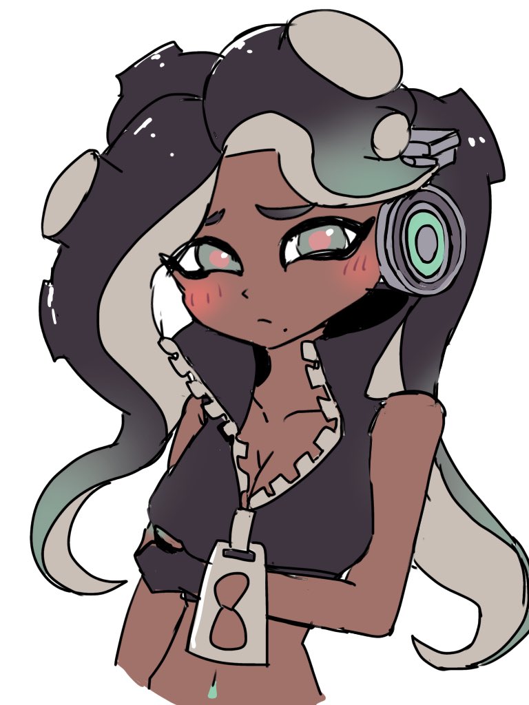 1girl arm_under_breasts black_hair black_jacket blush breasts cleavage closed_mouth cropped_jacket cropped_torso dark-skinned_female dark_skin green_eyes headphones jacket looking_at_viewer marina_(splatoon) medium_breasts meme mole mole_under_mouth navel nintendo octoling simple_background sketch sleeveless sleeveless_jacket solo splatoon_(series) suction_cups tentacle_hair upper_body very_dark_skin white_background yjsnpi_interview_(meme) yuusuke_(7110right) zipper