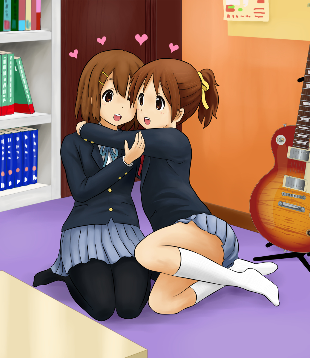 2girls bedroom black_pantyhose book bookshelf brown_eyes brown_hair convenient_censoring door female_focus floor full_body guitar hair_between_eyes hair_ornament hairclip heart_(symbol) hirasawa_ui hirasawa_yui hirondo2 hug indoors instrument k-on! long_sleeves multiple_girls no_shoes one_eye_closed open_mouth pantyhose sakuragaoka_high_school_uniform school_uniform short_hair siblings sisters skirt socks teeth white_socks