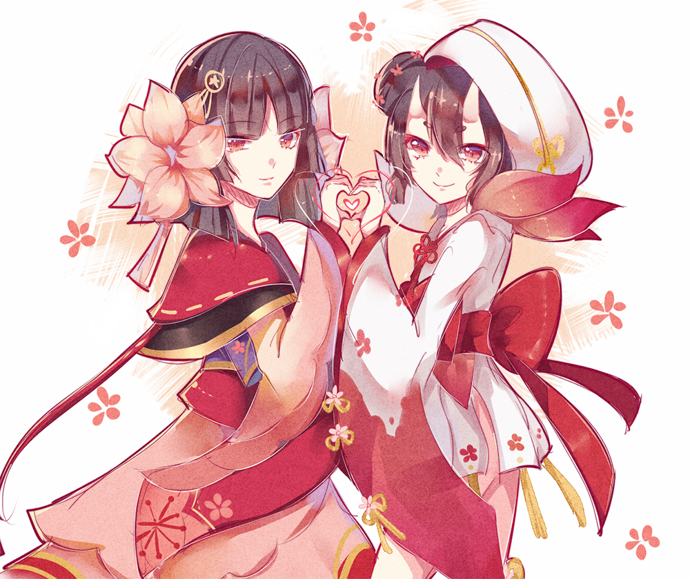 2girls demon_girl flower hair_between_eyes hair_flower hair_ornament hood horns japanese_clothes kimono looking_at_viewer momo_(onmyoji) multiple_girls oni_horns onmyoji pointy_ears sakura_(onmyoji) wide_sleeves youzi_xia yuri