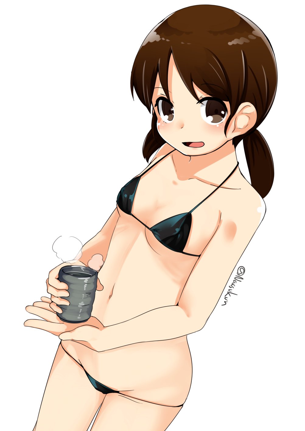 1girl alternate_costume bikini black_bikini brown_eyes brown_hair cup flat_chest highres kantai_collection long_hair looking_at_viewer low_twintails lowleg lowleg_bikini micro_bikini nassukun one-hour_drawing_challenge parted_bangs shirayuki_(kancolle) short_twintails simple_background skindentation solo standing string_bikini swimsuit twintails twitter_username white_background wide_hips yunomi