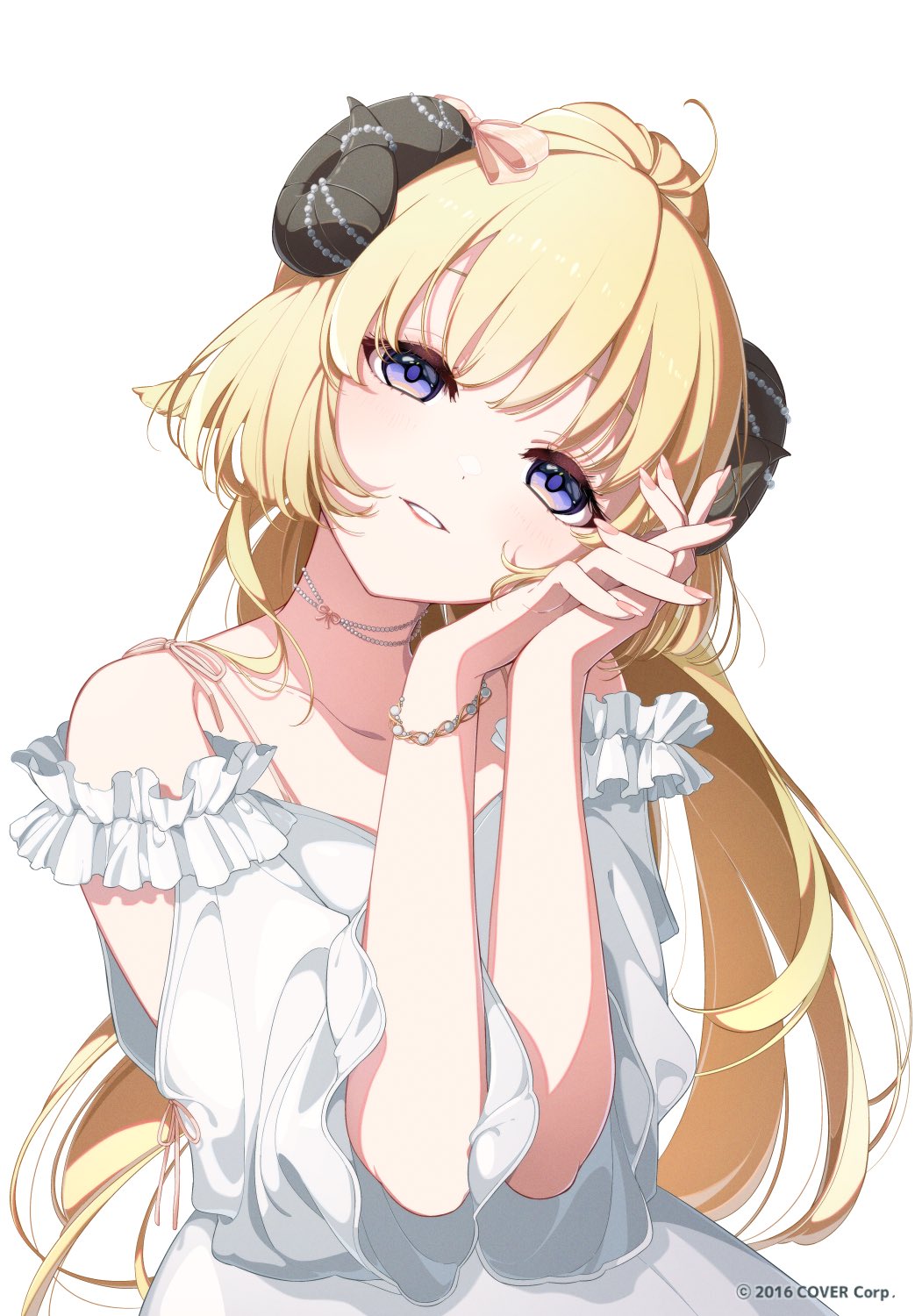 1girl alternate_costume animal_ears bead_choker beads blonde_hair bow bracelet commentary_request copyright_notice dress frilled_dress frills hair_bow hands_up hatsuka-20 head_tilt high_ponytail highres hololive horns interlocked_fingers jewelry long_hair long_sleeves looking_at_viewer off-shoulder_dress off_shoulder official_art own_hands_together parted_lips ponytail purple_eyes sheep_ears sheep_girl sheep_horns simple_background solo straight-on three-quarter_sleeves tsunomaki_watame upper_body very_long_hair virtual_youtuber white_background white_dress wide_ponytail