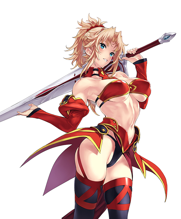 1girl alternate_breast_size bandeau bare_shoulders black_panties black_thighhighs blonde_hair blue_eyes blush braid breasts bridal_gauntlets carrying_over_shoulder clarent_(fate) collarbone covered_erect_nipples cowboy_shot detached_sleeves fate/apocrypha fate_(series) feet_out_of_frame grin hair_ornament hair_scrunchie half_up_braid large_breasts long_hair looking_at_viewer mordred_(fate) mordred_(fate/apocrypha) navel nishieda panties parted_bangs pelvic_curtain photoshop_(medium) ponytail red_scrunchie scrunchie sidelocks simple_background smile solo standing sword thighhighs thighs underwear v-shaped_eyebrows weapon white_background