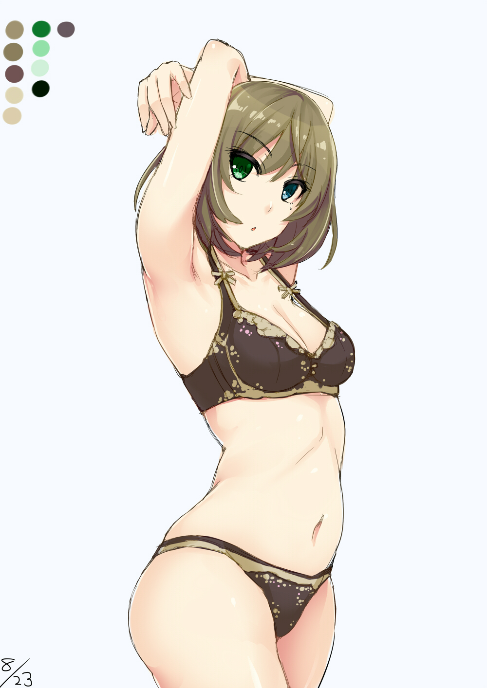 10s 1girl blue_eyes bra brown_hair color_guide dated female_focus green_eyes heterochromia highres idolmaster idolmaster_cinderella_girls mole mole_under_eye navel panties short_hair simple_background sketch solo sorano_(12gou) takagaki_kaede underwear underwear_only