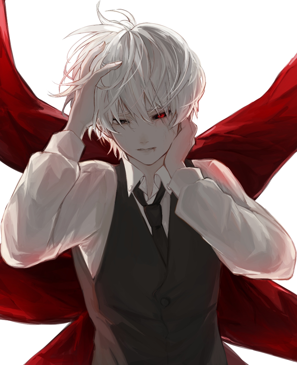 1boy black_necktie black_sclera black_vest colored_sclera hands_up highres kagune_(tokyo_ghoul) kaneki_ken long_sleeves male_focus mismatched_sclera necktie red_eyes shirt short_hair simple_background solo tentacles tokyo_ghoul uji_kintoki-kun upper_body vest white_background white_hair white_shirt