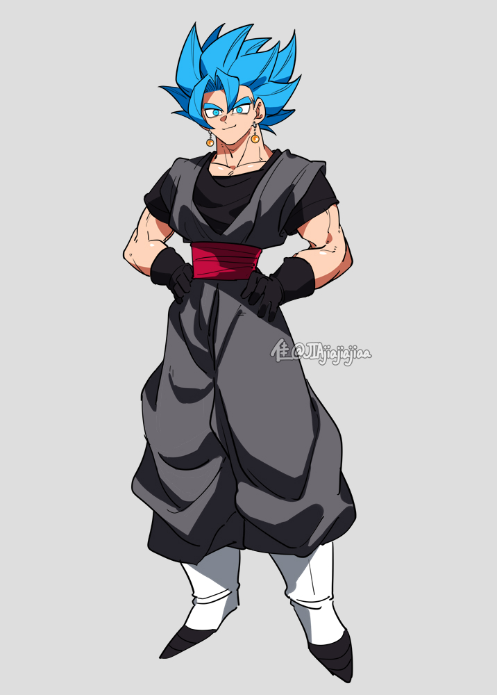 1boy black_gloves black_shirt blue_eyes blue_hair dougi dragon_ball dragon_ball_fighterz dragon_ball_super earrings full_body gloves grey_background grey_pants grey_shirt jewelry jiajiajiajiaa male_focus medium_hair official_alternate_color palette_swap pants potara_earrings red_sash sash shirt simple_background smile solo spiked_hair super_saiyan super_saiyan_blue vegetto white_footwear