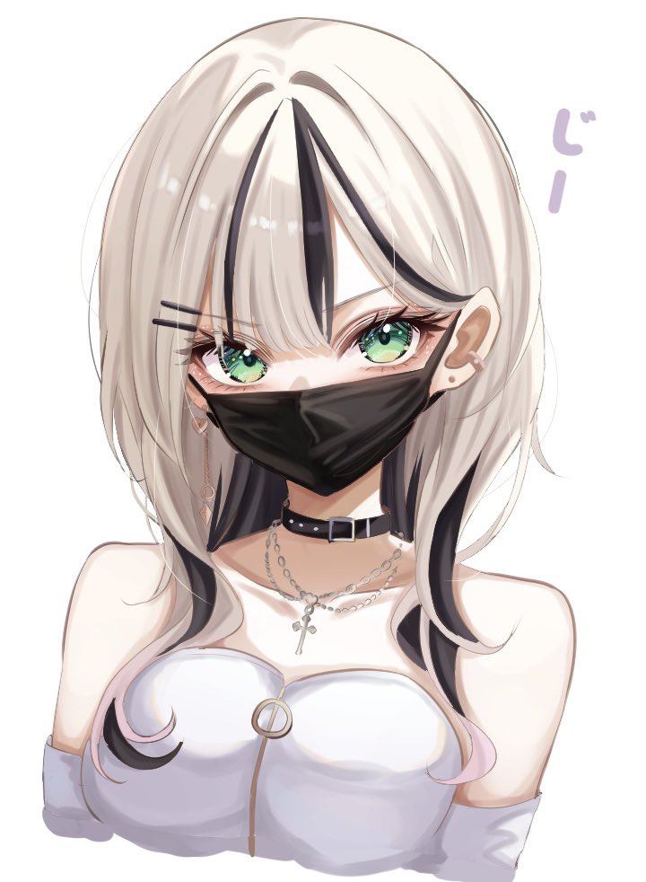 1girl bare_shoulders black_choker black_hair black_mask blonde_hair blush breasts choker collarbone covered_mouth cross cross_necklace detached_sleeves ear_piercing earrings eye_glitter green_eyes hair_ornament hairclip heart heart_earrings jewelry kurumi_noah kurumi_noah_(7th_costume) large_breasts long_hair looking_at_viewer makeup mask mouth_mask multicolored_hair necklace piercing sa-ya2 simple_background solo strapless tube_top two-tone_hair virtual_youtuber vspo! white_background white_sleeves white_tube_top