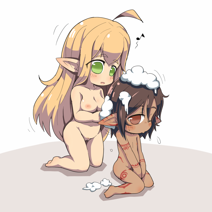 2girls ahoge blonde_hair blush breasts brown_eyes brown_hair chibi cleft_of_venus crab_man dark_skin dark-skinned_female elf flat_chest green_eyes inverted_nipples kneeling long_hair medium_breasts multiple_girls nipples nude one_eye_closed original pointy_ears pussy short_hair sitting uncensored wink