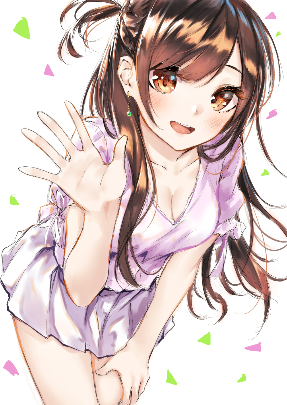 1girl :d blouse blush breasts brown_eyes brown_hair cleavage collarbone commentary_request confetti earrings hair_behind_ear half_updo hand_up highres jewelry kanojo_okarishimasu leaning_forward long_hair looking_at_viewer medium_breasts mizuhara_chizuru open_mouth pleated_skirt purple_shirt purple_skirt sahara386 shirt skirt smile solo standing swept_bangs waving