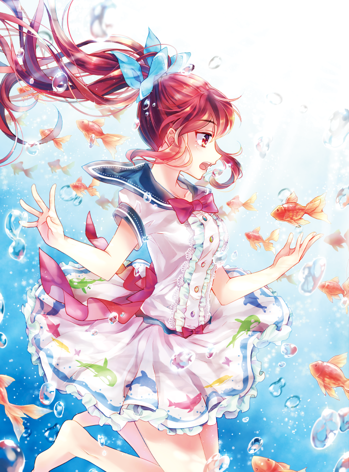 10s 1girl barefoot breasts bubble dress female_focus fish free! goldfish hair_ribbon long_hair matsuoka_gou momoko_(momoko14) open_mouth ponytail red_eyes red_hair ribbon solo underwater