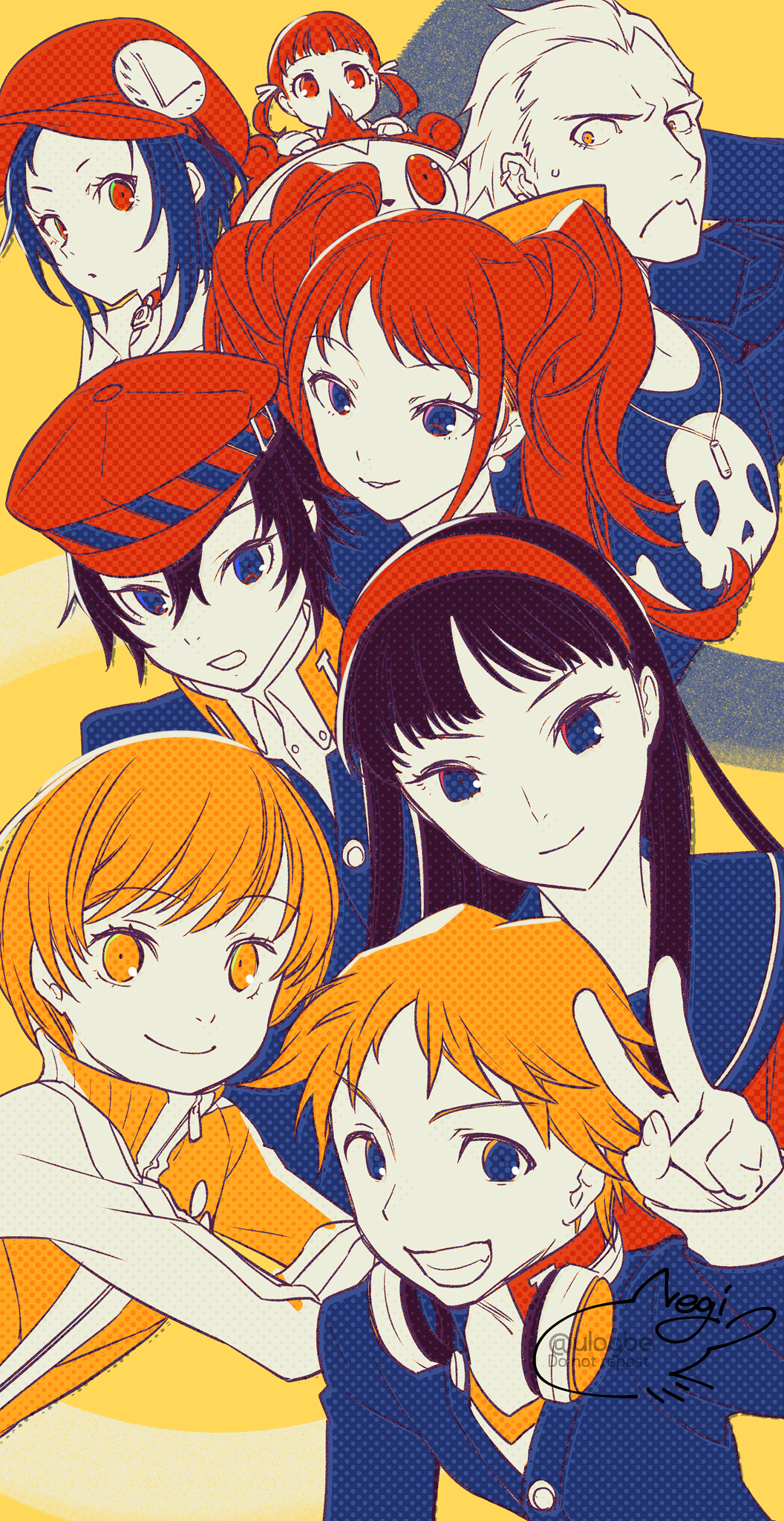 2boys 3: 6+girls amagi_yukiko arm_behind_head bear black_hair blonde_hair blue_eyes cabbie_hat child choker doujima_nanako ear_piercing earrings grey_hair hair_between_eyes hair_ribbon hairband halftone hanamura_yousuke hat headphones headphones_around_neck highres jacket jewelry kujikawa_rise kuma_(persona_4) long_hair looking_at_viewer marie_(persona_4) multiple_boys multiple_girls necklace negi_(ulog&#039;be) orange_eyes orange_hair persona persona_4 persona_4_the_golden piercing print_shirt red_eyes red_hair red_hairband ribbon satonaka_chie school_uniform serafuku shirogane_naoto shirt short_hair signature skull_print smile tatsumi_kanji track_jacket twintails v yasogami_school_uniform