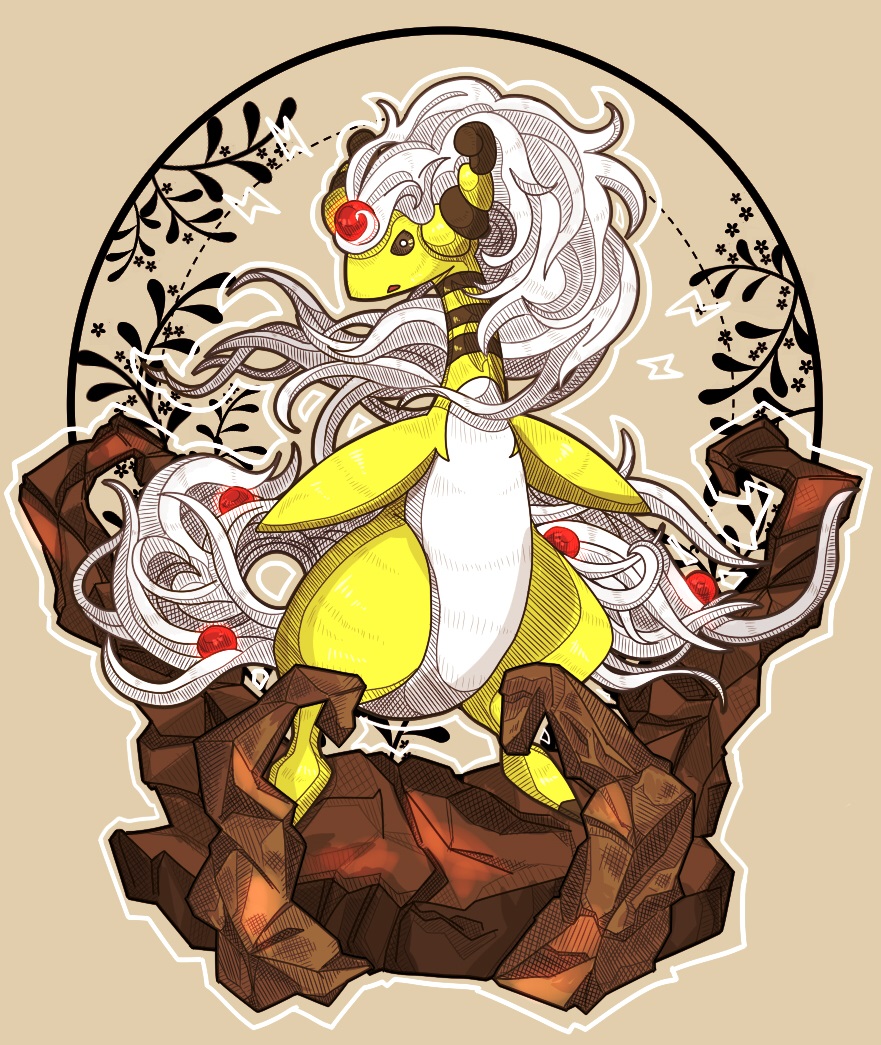 ampharos black_eyes colored_skin creatures_(company) full_body game_freak gen_2_pokemon kanna_(kan419_k) long_hair mega_ampharos mega_pokemon nintendo open_mouth pokemon pokemon_(creature) solo standing tail white_hair white_skin yellow_skin