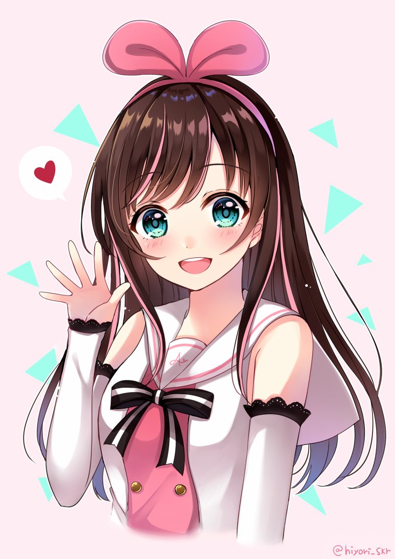 1girl :d blue_eyes blush brown_hair cropped_legs detached_sleeves female_focus grey_background hairband heart kizuna_ai kizuna_ai_inc. long_hair long_sleeves looking_at_viewer multicolored_hair neck_ribbon open_mouth pink_hair pink_hairband ribbon sailor_collar sakura_hiyori shirt sleeveless sleeveless_shirt smile solo speech_bubble streaked_hair striped_ribbon twitter_username two-tone_hair upper_body virtual_youtuber white_sailor_collar white_shirt white_sleeves