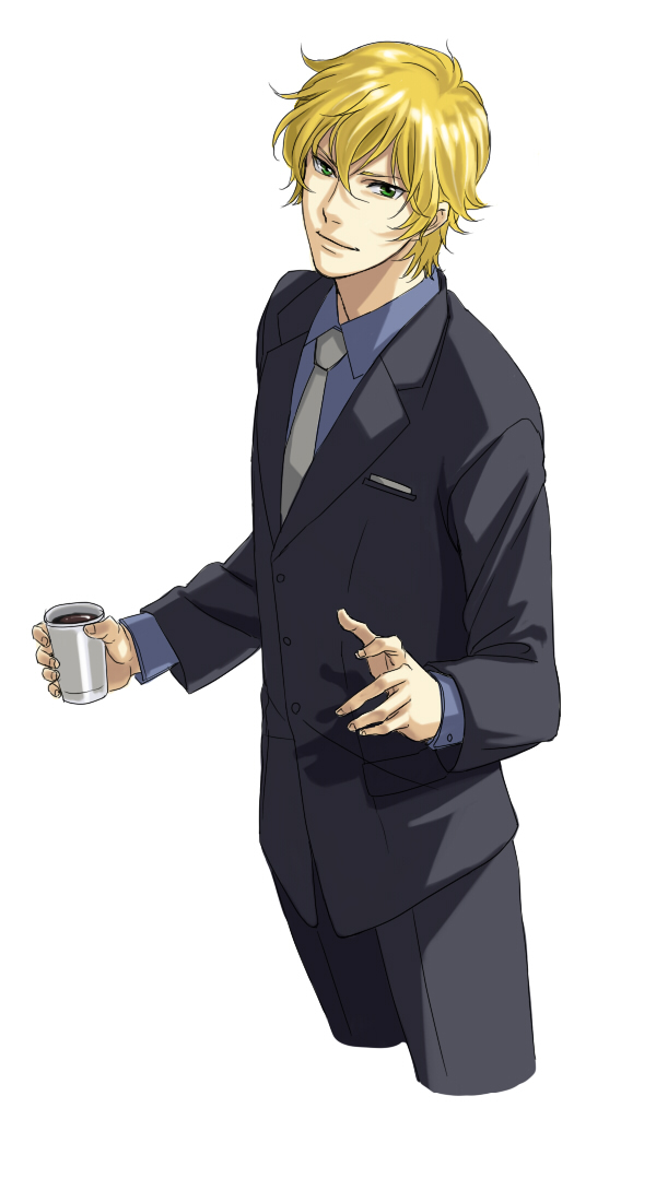 00s 1boy bad_id bad_pixiv_id blonde_hair coffee cowboy_shot cropped_legs formal_clothes graham_aker green_eyes gundam gundam_00 male_focus necktie sakatsuki short_hair solo suit