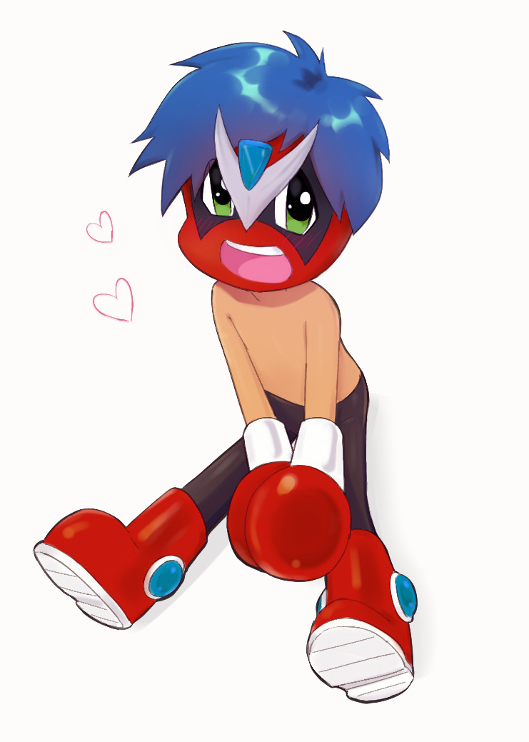 1boy blue_hair blush boots commentary english_commentary gloves green_eyes heart homestar_runner klingklangyaoi light_blue_hair light_blush looking_at_viewer open_mouth red_footwear red_gloves short_hair simple_background sitting solo stinkoman white_background