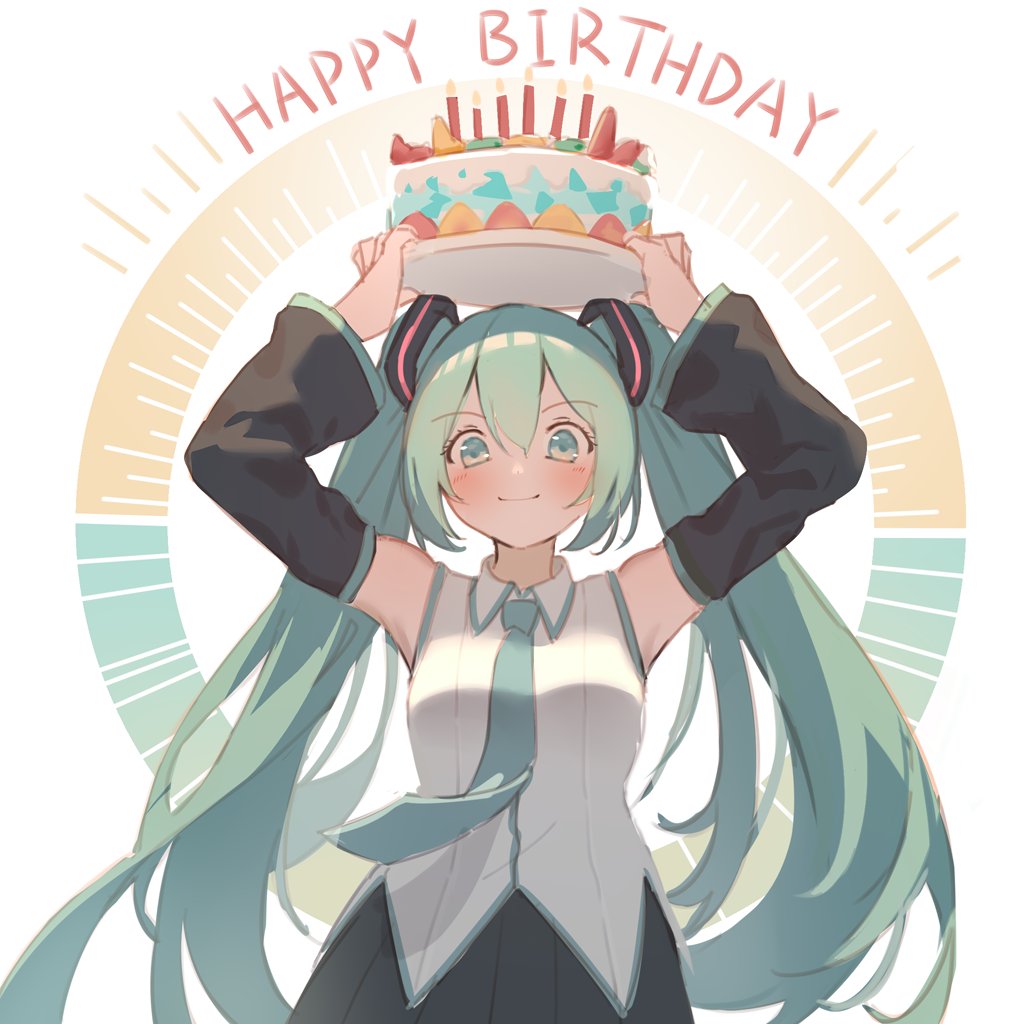 1girl aqua_eyes aqua_hair aqua_necktie arms_up birthday_cake black_skirt black_sleeves cake collared_shirt commentary cowboy_shot detached_sleeves food hair_between_eyes happy_birthday hashtag-only_commentary hatsune_miku long_hair long_sleeves looking_at_viewer milktea_(gggrrr2000) necktie pleated_skirt shirt sidelocks skirt sleeveless sleeveless_shirt solo twintails very_long_hair vocaloid white_shirt