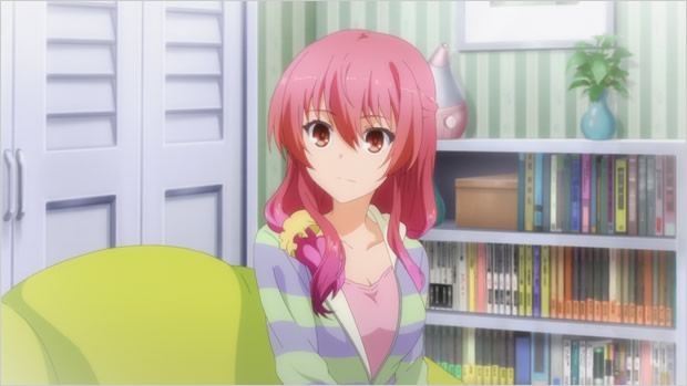 1girl anime_screenshot book bookshelf breasts cleavage closed_mouth door green_jacket hair_between_eyes indoors jacket large_breasts long_hair long_sidelocks looking_to_the_side multicolored_jacket official_art open_clothes open_jacket ponytail purple_jacket rakudai_kishi_no_cavalry red_eyes red_hair sidelocks sitting solo stella_vermillion two-tone_jacket