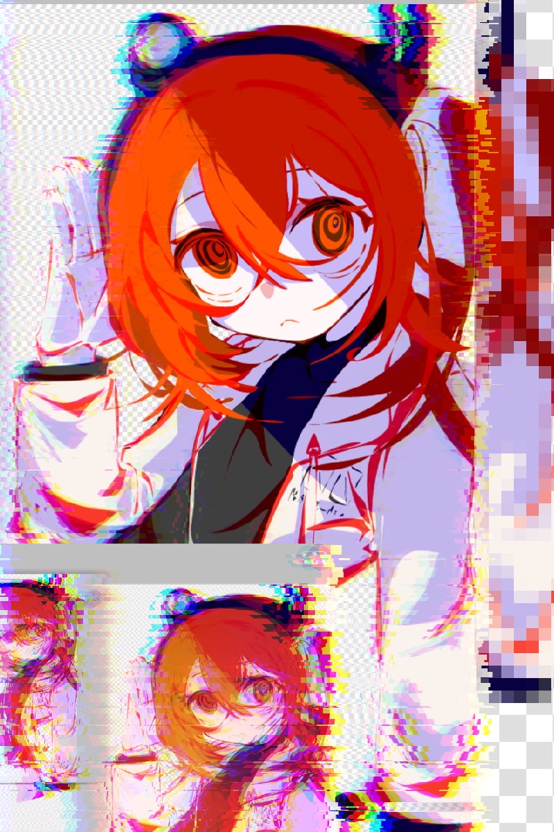 1girl a.i._voice adachi_rei black_shirt bow chromatic_aberration closed_mouth coat crossed_bangs frown glitch gloves hair_between_eyes hair_bow hand_up headphones highres long_sleeves looking_at_viewer medium_hair one_side_up open_clothes open_coat orange_eyes orange_hair recurring_image ringed_eyes shiroi_(shirooi_0002) shirt solo static upper_body utau white_coat white_gloves