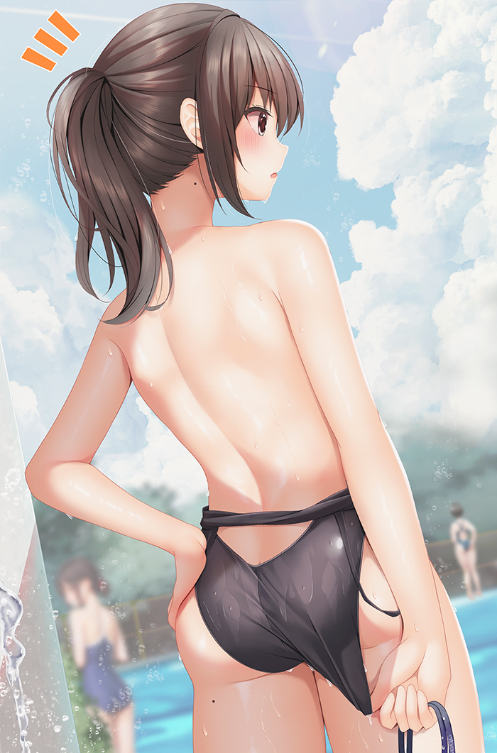 3girls adjusting_clothes adjusting_swimsuit ass black_hair black_one-piece_swimsuit blue_sky brown_eyes cloud commentary_request competition_swimsuit day minato_ojitan mole mole_on_neck multiple_girls one-piece_swimsuit original outdoors ponytail pool racerback sky solo_focus standing swimsuit topless water wet wet_clothes wet_swimsuit