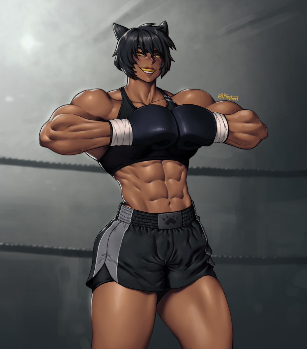 1girl abs animal_ears boxing_gloves boxing_ring boxing_shorts cat_ears cat_girl dark_skin highres looking_to_the_side mootium mouth_guard muscular muscular_female original shorts signature solo thick_thighs thighs yellow_eyes