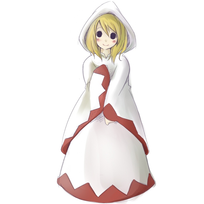 1girl blonde_hair blush female_focus final_fantasy final_fantasy_tactics full_body hood kyokusetu long_hair robe solo white_background white_mage white_mage_(fft) white_mage_(final_fantasy)