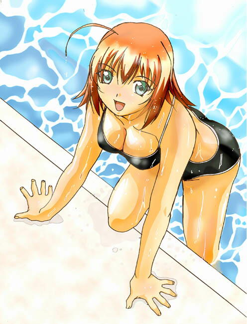 00s 1girl ahoge akane_maniax breasts cleavage female_focus green_eyes kimi_ga_nozomu_eien one-piece_swimsuit orange_hair pool short_hair solo suzumiya_akane swimsuit water wet